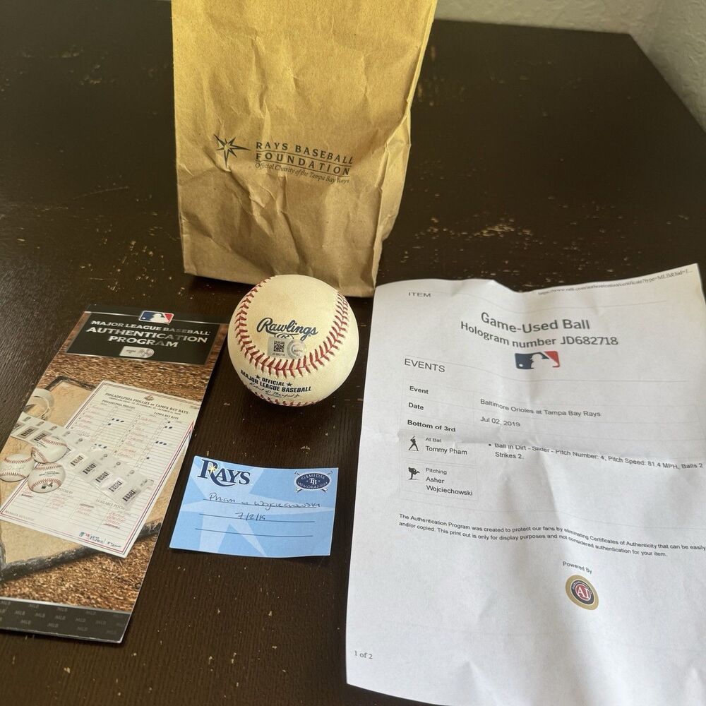 Tampa Bay Rays Game Used Ball COA  Holo 7/2/19 Tommy Pham Asher Wojciechowski